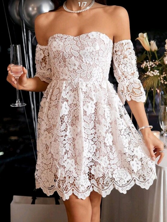 Other - White Lace Off-Shoulder Dress with Scalloped Hem